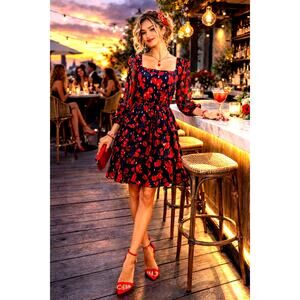 City Studio Floral Tiered Mini Dress - Red/Black - size S